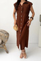 Women's Brown Side Belted Lined Sleeveless Summer Midi Dress