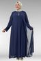 62016 Plus Size Sandy-Chiffon Dress with Stone Detail - Navy Blue - 4