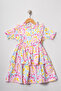 Girl's Pink Blue Floral Patterned Dress with Ruffle Detail - 2