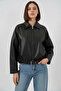 Women's Shirt Collar Belted Leather Look Black Jacket - 8