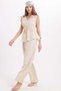 Women's Standard Fit Regular Cut V-Neck Gathered Waist Lace-Up Blouse Wide Leg Beige Trousers Set - 5