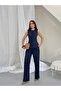 Women's Navy Blue Vest and Trousers Double Linen Set