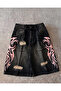 Black Stonewashed Grunge Pink Tribal Print Harajuku Y2K Unisex Shorts - 4