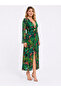 Women's Plus Size Green, Jersey Fabric, Sleeves Tulle, Front Detailed, Slit Dress 65N39509 - 5