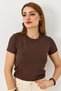 Women's Crew Neck Plain Crop Blouse Brown - 4