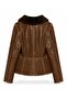 Brown Horizontal Garnished Shiny Genuine Leather and Fur Women's Coat - 6