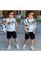 Boy's 3-Piece Muslin Set Palm Tree Patterned Shirt Printed T-Shirt Shorts Combination 11615-3 - 3