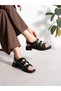 Zolena Black Genuine Leather Women's Sandals with Buckle Detail - 3