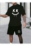 White smiling face printed men's premium oversize top and bottom set t-shirt and shorts set
