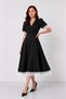 Black Crepe Fabric Padded Double Breasted Collar Sleeves and Skirt with White Lace Design Midi Dress 77164 - 7