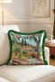 Italian Countryside Picnic Illustrated Fringed Throw Pillow Cover - Vintage Summer Pillowcase with Green Tassels - 3
