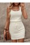 Women's Square Neck Strap Knitwear Dress with Lace Detail at the Waist - 3