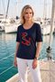 Women's Plus Size Lycra Crew Neck Anchor Embroidery Short Sleeve Mom T-Shirt Combed Cotton Blouse