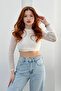 Women's White Crew Neck Stoned Tulle Crop Blouse Jf26 - 2