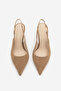 Women's Stiletto Pointed Toe Open Back Elasticated Gold Buckle Short Thin Heeled Shoes Henka Camel Suede - 5