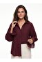 Burgundy Cotton Blend Shirt with Collar, Oversized Buttons, Ruffle Cuff Detail, Long Sleeve Shirt - 2