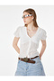 Slim Fit V-Neck Lace Detailed Cotton Viscose Blended Buttoned Short Balloon Sleeve Blouse
