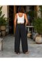 Black Color Belted Italian Linen Trousers with Mesh Detail and Elastic Waist - 2