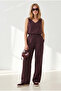 Women's Plum Top V-Neck Bell Blouse Bottom Pocketed Trousers Soft Textured Set Tkm-19000413 - 4