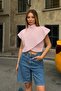 Pink Stand Collar Shoulder Button Detail Front Asymmetrical Cross Fold Women's Crop Blouse - 2