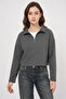 Women's Collared Zippered Cotton Anthracite Sweatshirt