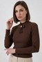 Women's Turtleneck Brown Blouse with Ribbon Detail - 2