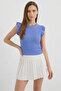 Women's Round Neck Ruffle Sleeve Blue Blouse - 3