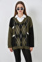 Women's V-Neck Diamond Patterned Knitwear Khaki Sweater - 2