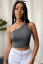 Women's Dark Gray Fit Look One-Shoulder Crop Top Bustier - 4