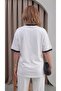 Women's White Navy Blue Piping Garnished Medium Thick Soft Fabric Crew Neck Half Oversize Casual T-Shirt - 4