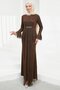 Brown Lace Evening Dress with Flounces and Stones on the Sleeves