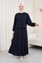 Crew Neck Bat Sleeve Oversized Elastic Skirted Combed Cotton Suit - Dark Blue - 5