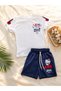 Girl's Shorts Set 100% Cotton Summer Set Adjustable Waist with Laces White T-Shirt Navy Blue Shorts Set of 2 - 4