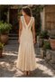 Cream Color Stone Beads and Floral Embroidery Lace Detail Imported Dress with Back Zipper - 6