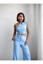 Women's Blue One-Shoulder Floral Detailed Crop-Pants Set Nh26127 - 4