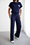 Women's Navy Blue Garnished Elastic Waist Top and Bottom Set Nh26126 - 2