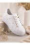 Gold Stone Detailed Women's Lace-Up High Sole White Sports Shoes
