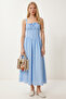 Striped Corset Look Poplin Midi Dress Lub0374 Blue - 2