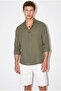 Men's Khaki Breathable Half Oversize Muslin Fabric Long Sleeve Judge Collar Shirt 60001002 - 3