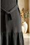 Bubble Fabric Dress with Elastic Sleeves and Belt 0510-02 Smoked - 3