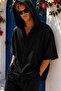 Men's Oversize Short Sleeve Hooded Black Linen Shirt Ls-18019