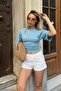 Blue Crew Neck Bat Sleeve Waist Draped Women's Crop Blouse - 4