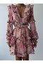 Women's Floral Print Backless Flounce Detailed Chiffon Mini Dress V-Neck Long Sleeve Summer Dress - 5