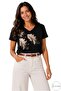 Women's Black V-Neck Sequin Embroidered Feather Patterned 100% Cotton T-Shirt - 7