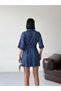 Women's Belted Buttoned Shirt Collar Mini Dress Navy Blue - 2