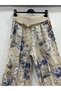 Women's Beige Italian Floral Patterned Straw Belted Wide Leg Linen Palazzo Trousers 38 - 44 Size - 3