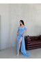 Baby Blue Off-Shoulder Draped Glittered Long Evening Dress - 3