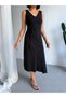 Crep Women's Asymmetrical Midi Dress – Waist Detailed V-Neck 100% Cotton Summer Dress Black
