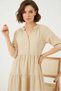 Women's V-Neck Gathered Waist Ruffled Buttoned Short Sleeve Cream Dress - 4