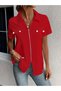 Women's Short Sleeve Jacket Collar Front Zipper Pocket Detail Short Sleeve Imported Crepe Blouse - 3